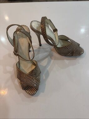Yves Saint Laurent Tan Snakeskin Slingback Heels